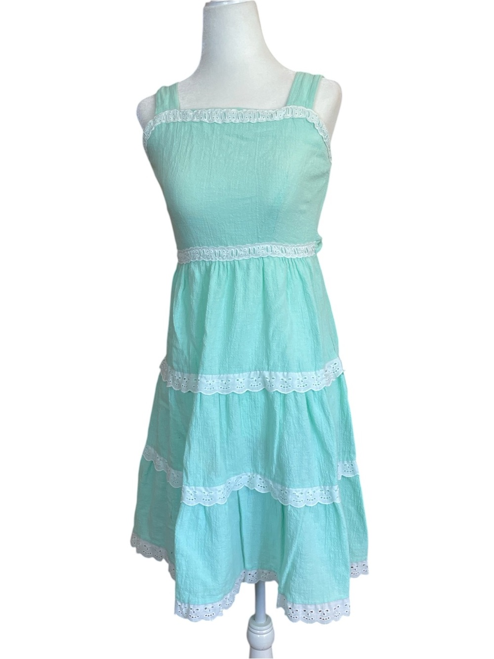 70s Peggy Barker Mint Green Tiered Sundress Cottagecore Waist Size 24” Modern S